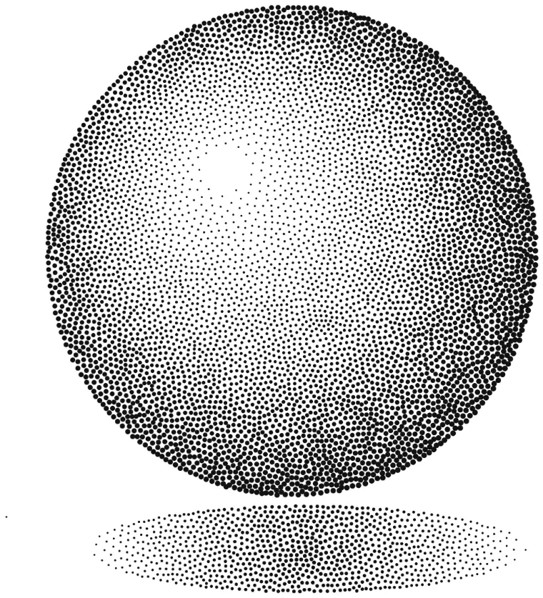 Esfera formada por milhares de pontos pretos, mais densos na sombra